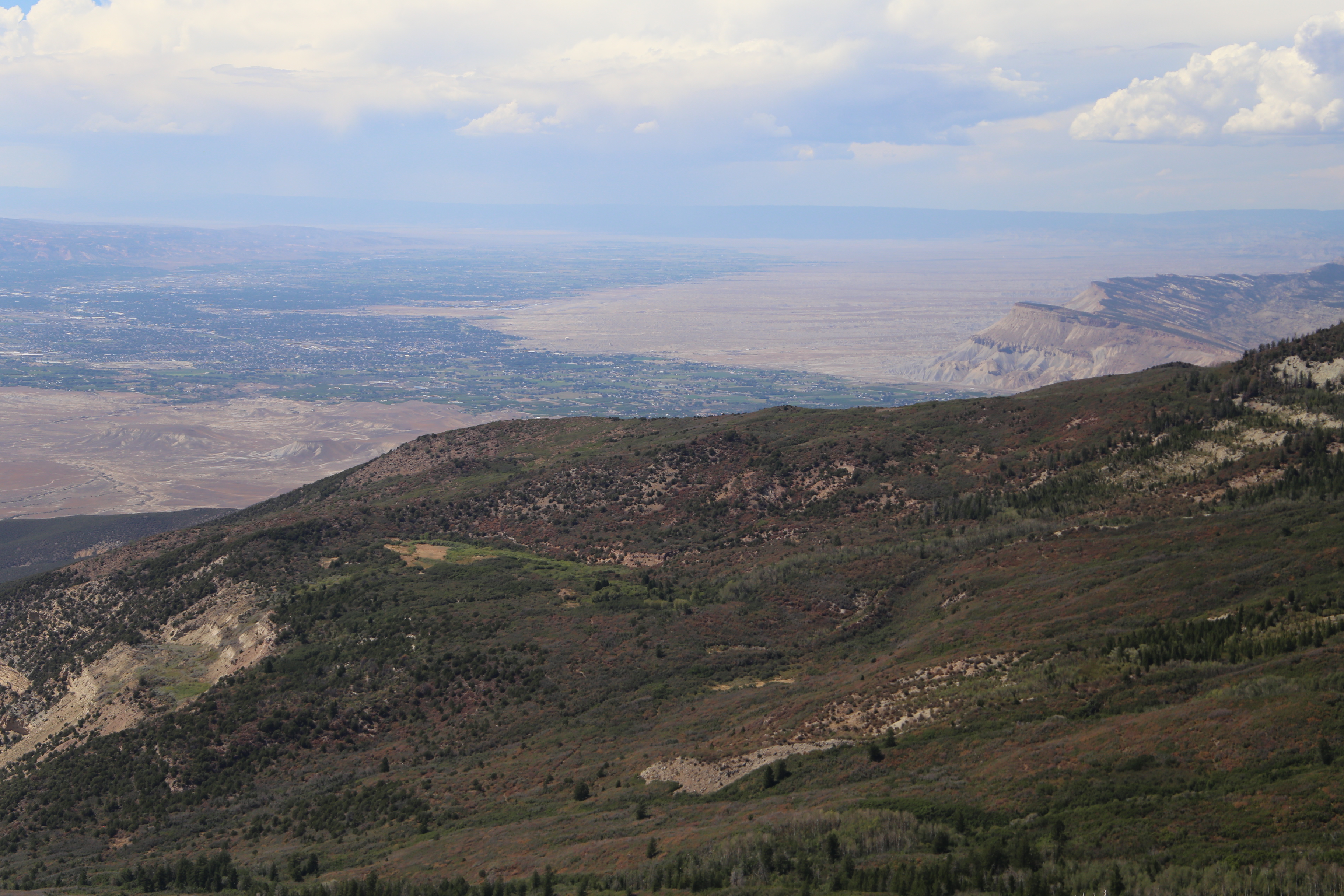View from Grand Mesa down at junction of Colorado and Gunnison Rivers, and the town of Grand Junction itself.